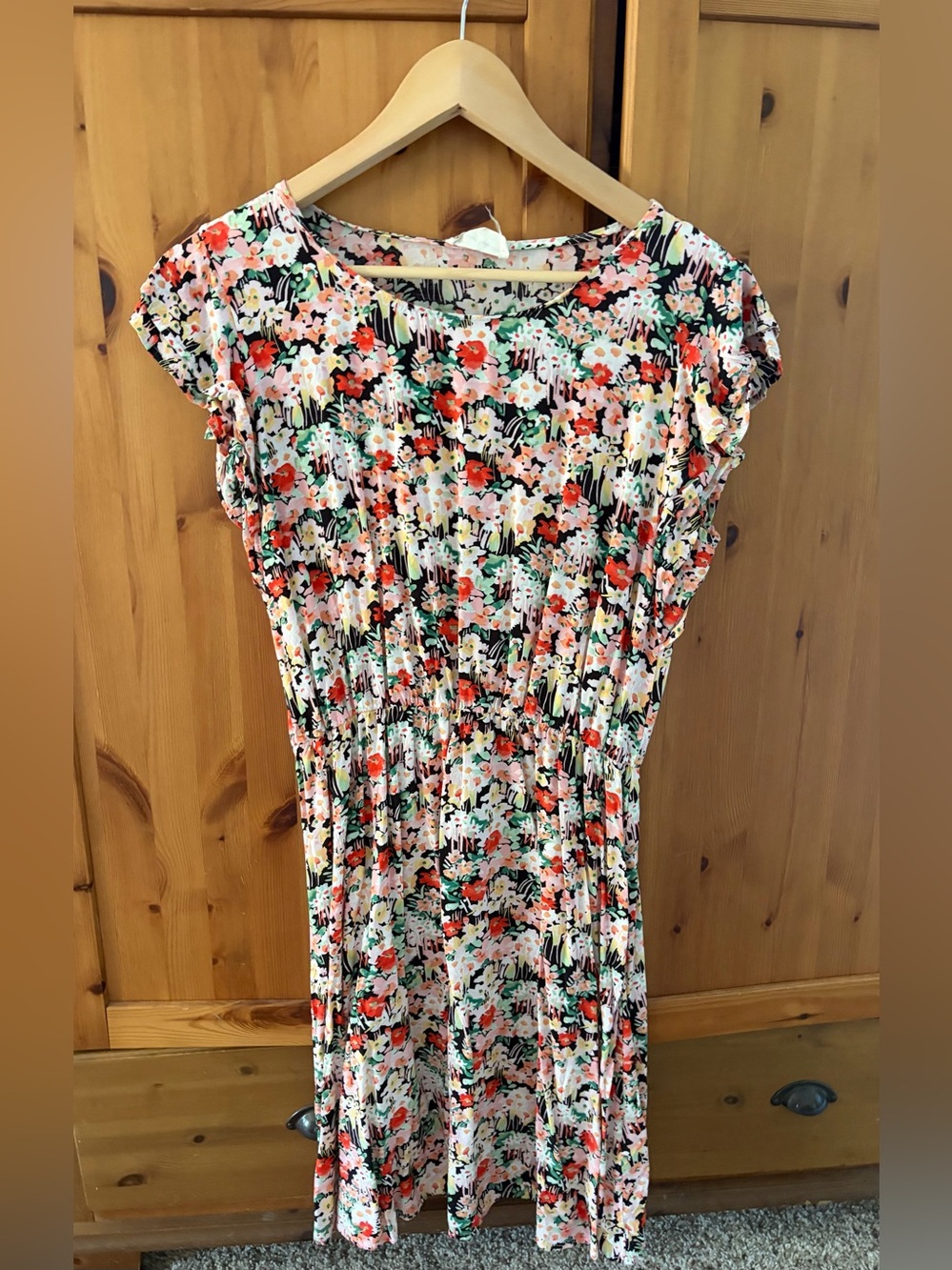 Floral Print Short Sleeve Summer Dress - Coral & Green